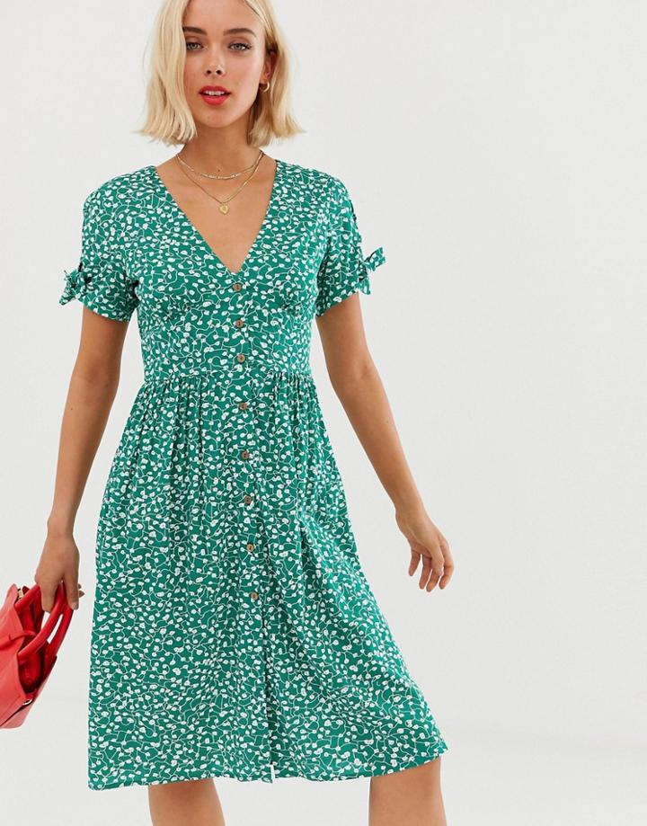 Brave Soul Button Through Midi Dress In Green Floral - Green