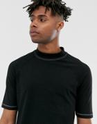 Asos Design Raglan T-shirt With Turtleneck And Contrast Stitching In Black - Black