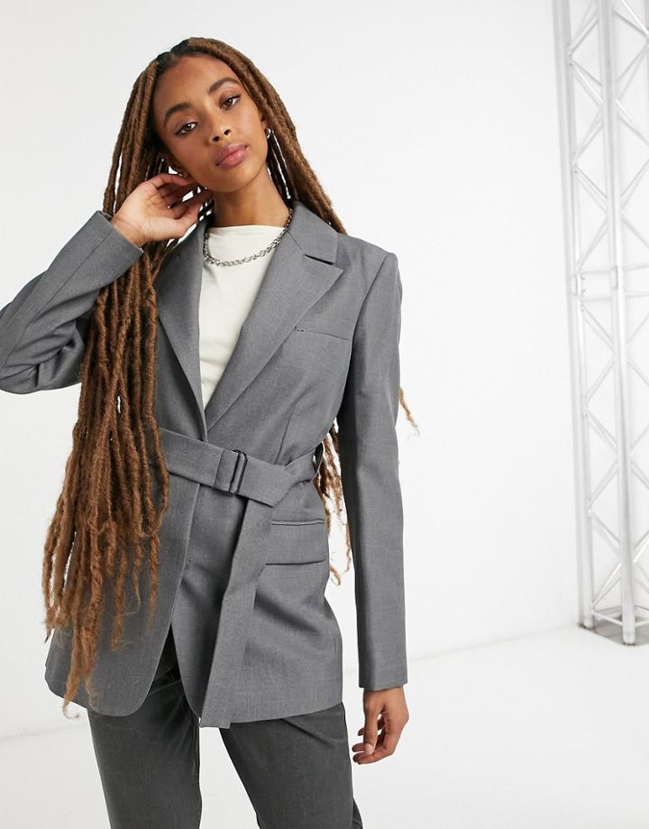Topshop Belted Blazer In Gray-grey