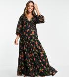 Asos Design Maternity Shirred Wrap Tiered Skirt Maxi Dress In Black Rose Print-multi