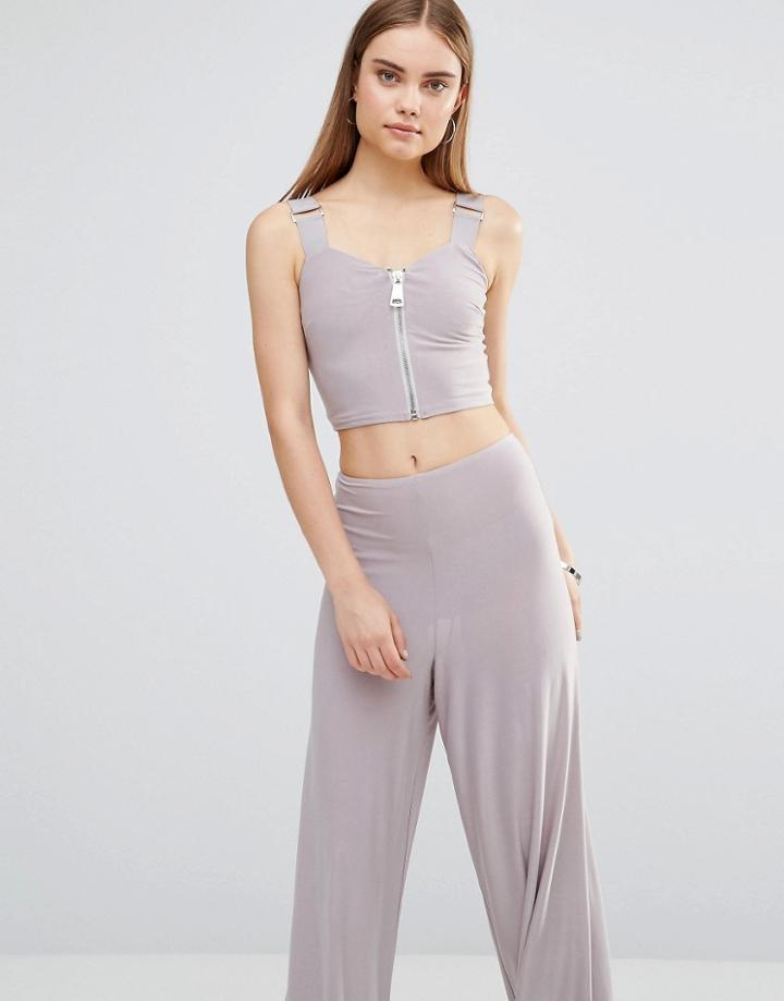 Ax Paris Cropped Top With Zip And Buckle Detail - Silver