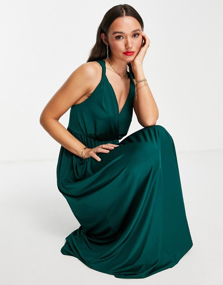 Vila Bridesmaid V Neck Maxi Dress In Dark Green