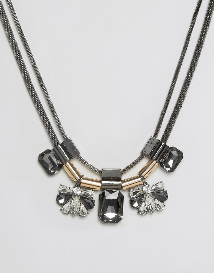 Nylon Double Layer Statement Gem Necklace - Silver