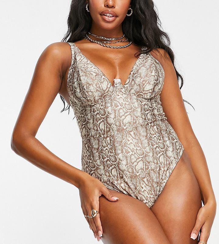 Wolf & Whistle Fuller Bust Exclusive Recycled Polyester Underwired Swimsuit In Neutral Snake Print-multi