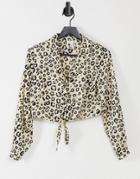 Topshop Satin Animal Print Cropped Shirt In Cream-white