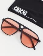 Asos Design 70s Aviator Sunglasses In Black With Red Lens