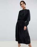 Asos Design Jacquard Batwing Midi Dress With Long Sleeves-black