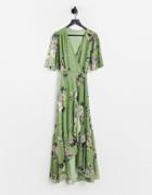 Hope & Ivy Flutter Sleeve Wrap Maxi Dress In Green Floral