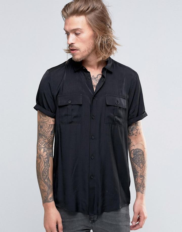 Asos Military Shirt In Black Viscose In Regular Fit - Black