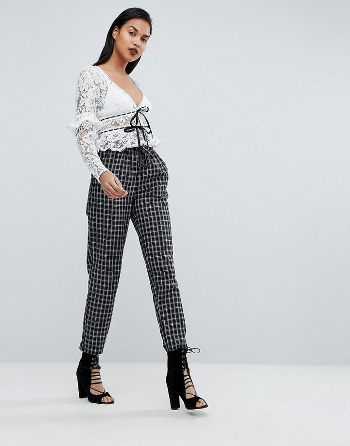 Fashion Union Check Pants With Paperbag Waist - Black