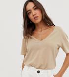 Stradivarius V Neck T Shirt In Beige-neutral
