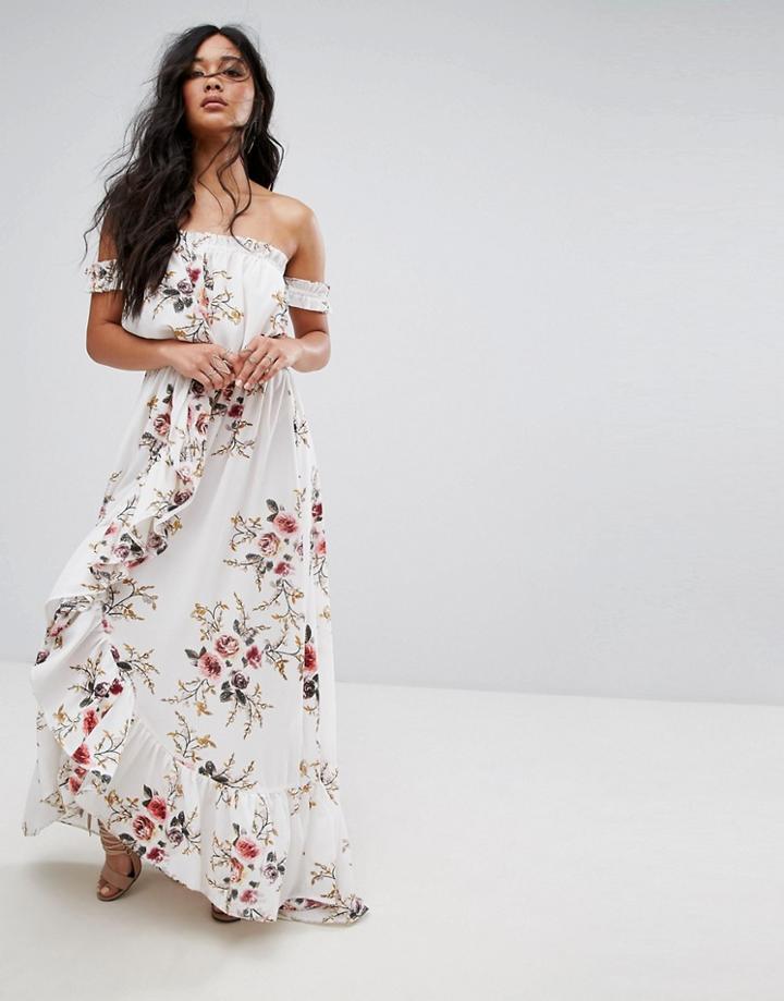 Boohoo Floral Off Shoulder Ruffle Maxi Dress - White