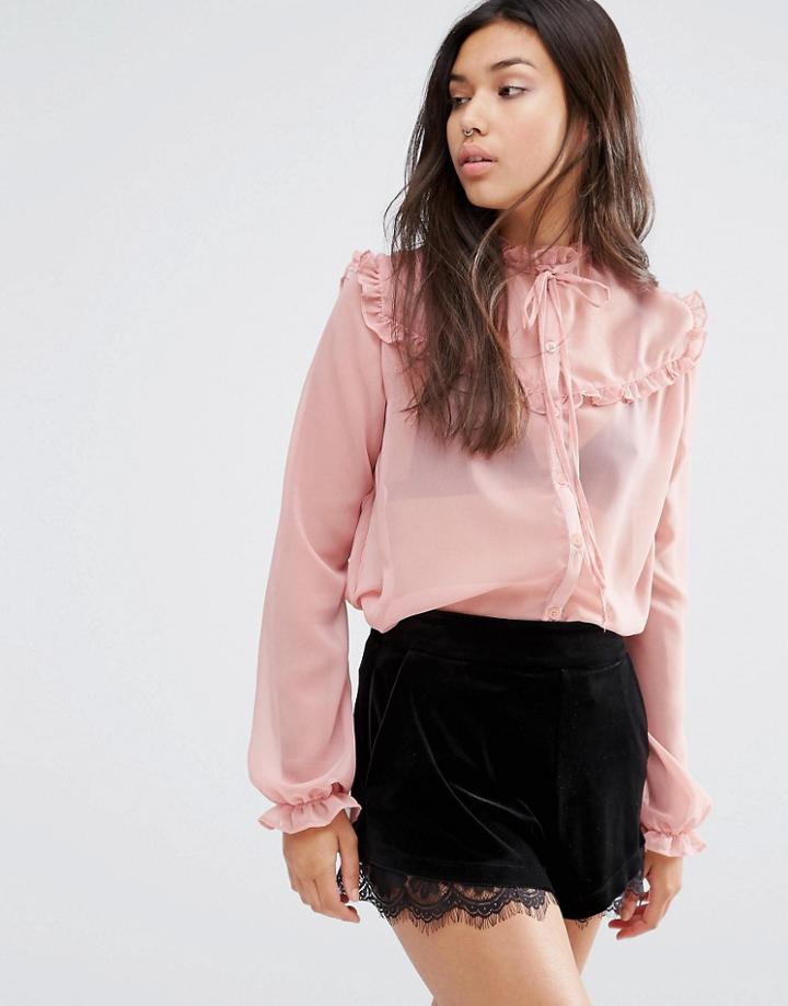 Motel Sheer Blouse With Ruffle And Neck Tie - Dusty Lilac
