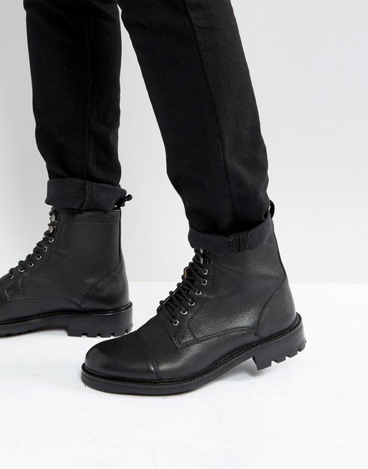 Walk London Sean Leather Lace Up Boots - Black