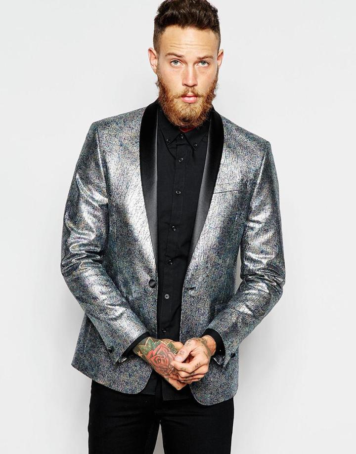 Asos Slim Blazer In Foil Print - Silver