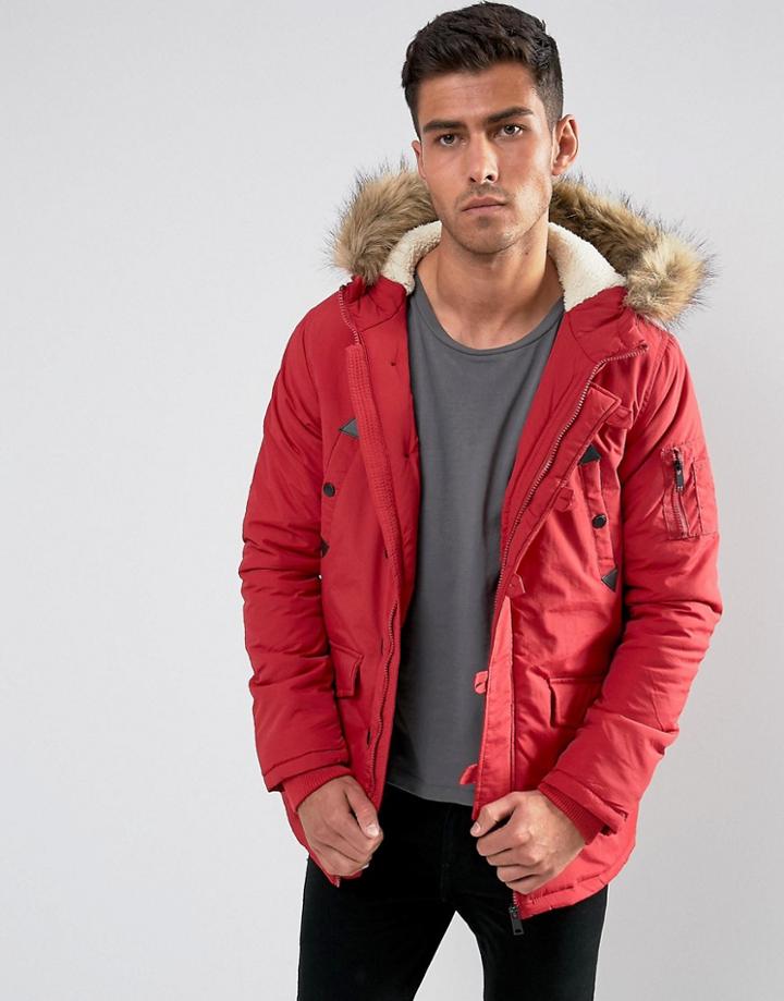 Brave Soul Parka Jacket With Faux Fur Trim Hood - Red