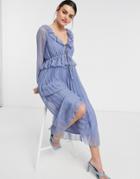 Asos Design Soft Pleated Midi Dress With Drawstring Waist And Frills In Dusty Blue-blues