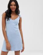 Asos Design Cupped Mini Textured Sundress With Tie Straps - Blue