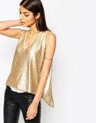 Club L Sequin Top With Open Chiffon Back Detail - Matte Gold