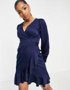 Style Cheat Satin Wrap Mini Dress In Navy