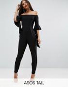 Asos Tall Bardot Jumpsuit With Ruffle Sleeve Detail - Black