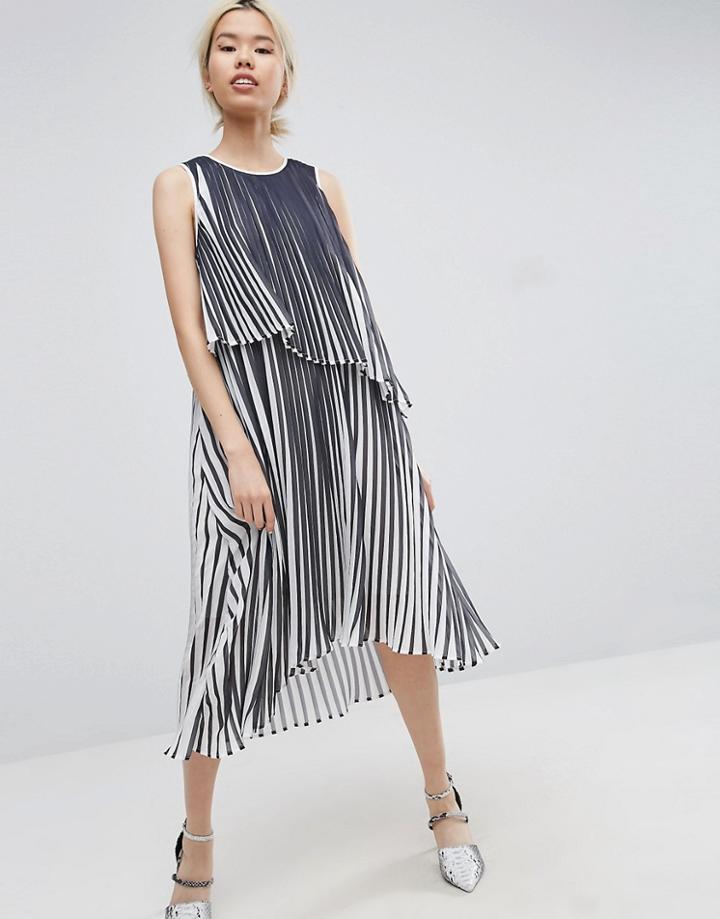 Asos White Midi Dress With Layered Pleat - Multi