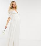Hope & Ivy Maternity Bridal Floral Beaded And Embellished Maxi Dress With V Neck In Ivory-white