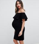 Asos Maternity Off Shoulder Dress In Chunky Rib With Frill - Black