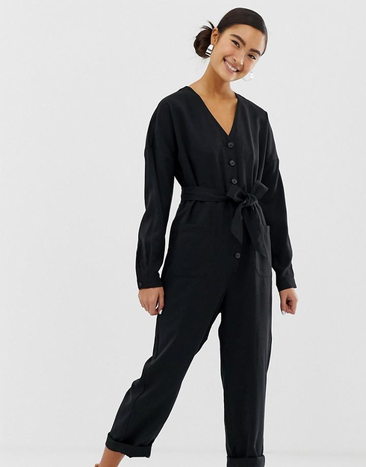 Monki Long Sleeve V-neck Jumpsuit With Button Details In Black - Black