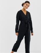 Monki Long Sleeve V-neck Jumpsuit With Button Details In Black - Black