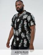Asos Plus Regular Fit Viscose Floral Print Shirt With Revere Collar - Black