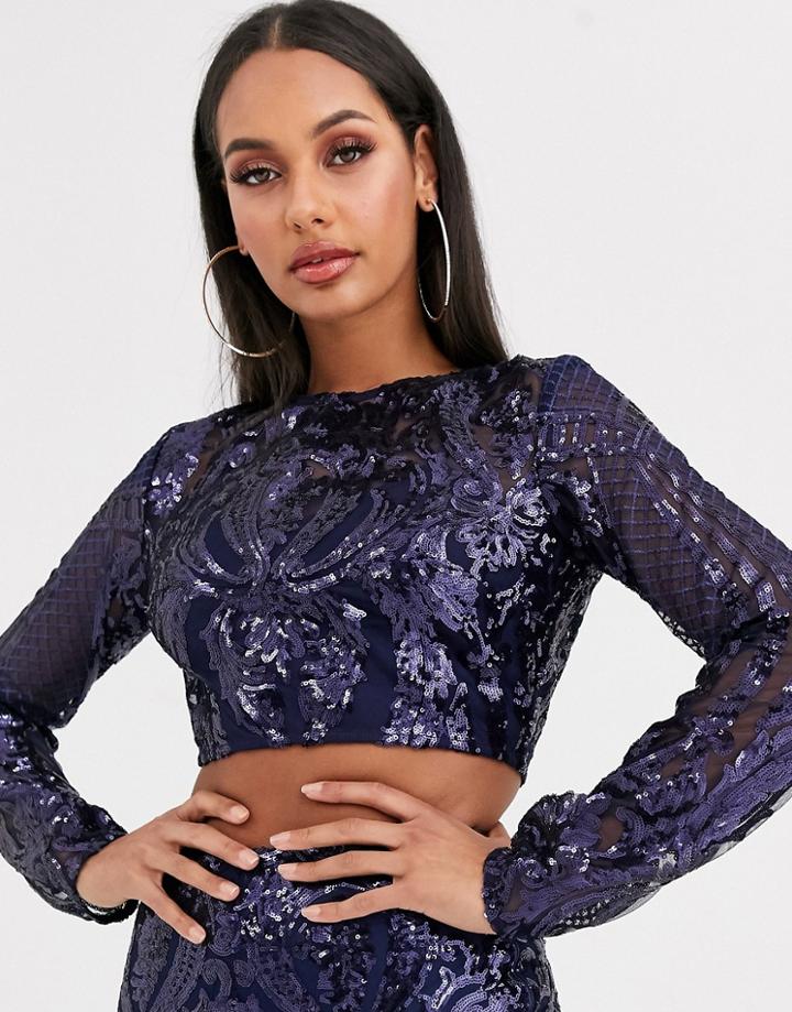 Club L London Sequin Baroque Crop Top In Navy-blue