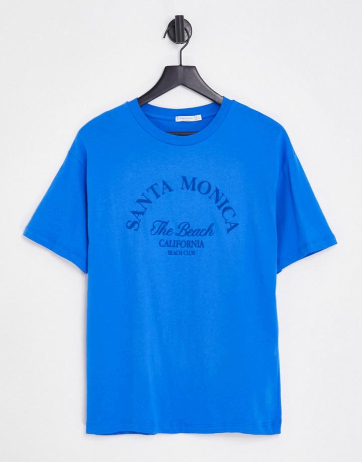 Stradivarius Santa Monica Embroidered Oversized Tee In Blue-green
