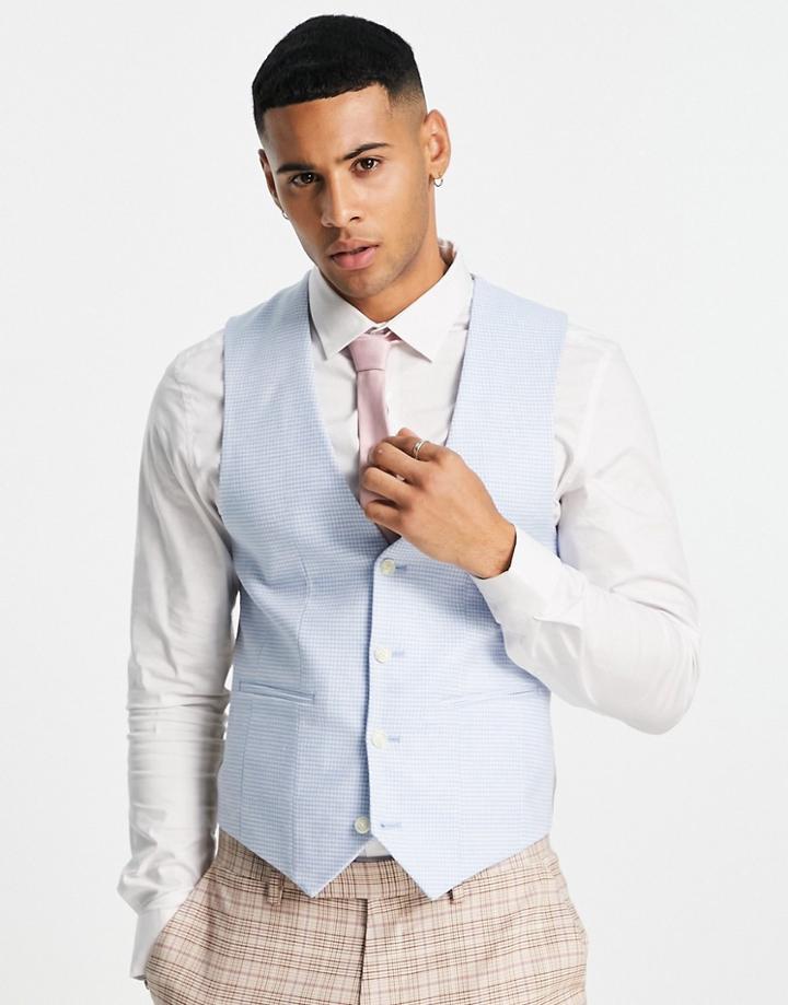 Asos Design Wedding Super Skinny Suit Vest In Linen Mix Blue Puppytooth Check