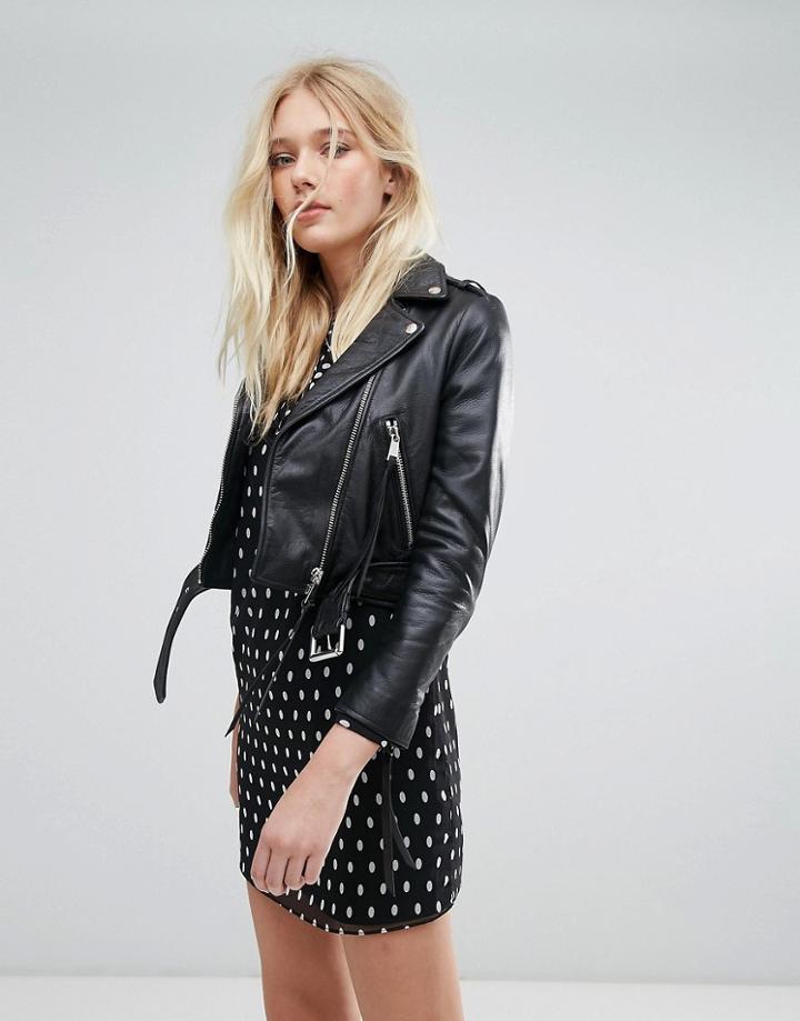 Lab Cropped Leather Jacket With Belt - Black