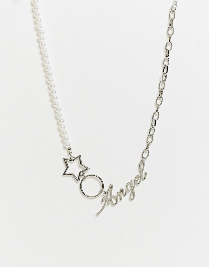 Asos Design Necklace With Faux Pearl And Angel Pendant In Silver Tone