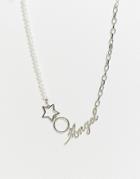 Asos Design Necklace With Faux Pearl And Angel Pendant In Silver Tone