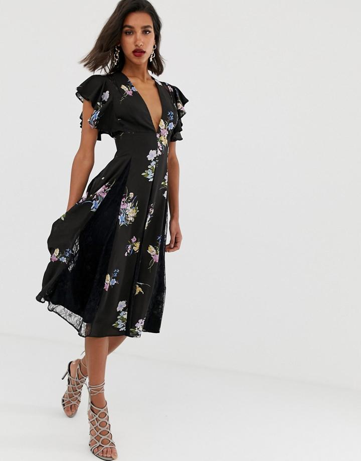 Asos Design Midi Dress With Godet Lace Inserts In Purple Bloom Print-multi