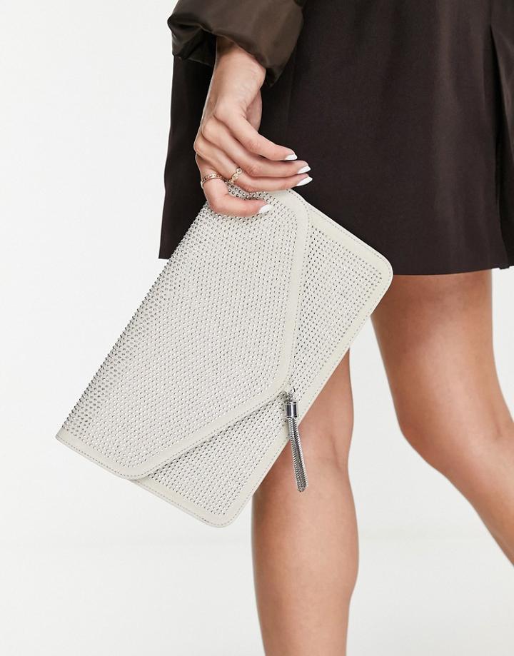 Asos Design Tassel Clutch Bag In Silver Crystal-neutral