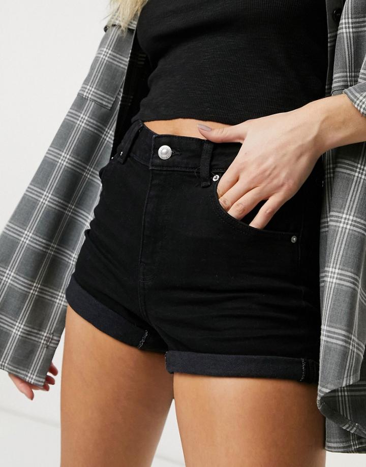 Bershka Roll Up Organic Cotton Denim Short In Black