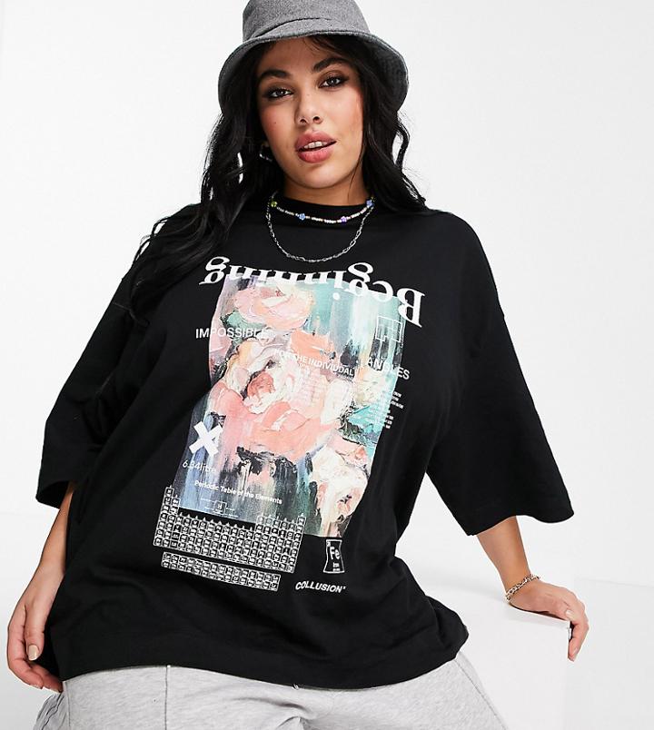 Collusion Plus Floral Print Oversized T-shirt-black