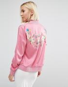 Daisy Street Bomber Jacket With Embroidered Back - Pink