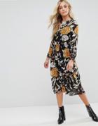 Boohoo High Neck Floral Midi Dress - Black