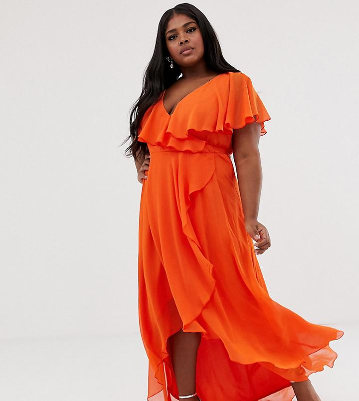 Asos Design Curve Cape Back Dipped Hem Maxi Dress-red