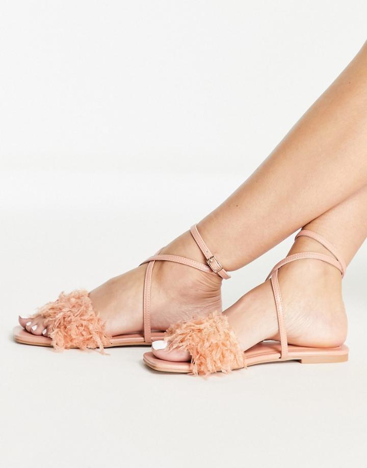 Asos Design Four Faux Feather Flat Sandals In Pink