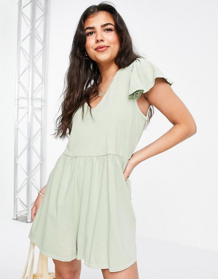 Asos Design Frill Sleeve Smock Romper In Khaki-green