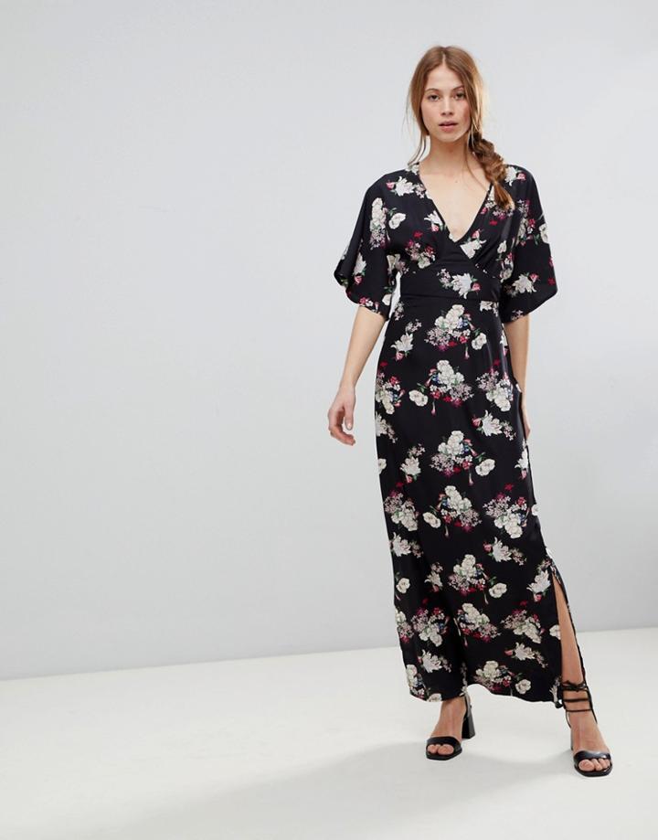 Influence Kimono Sleeve Floral Maxi Dress - Black