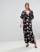 Influence Kimono Sleeve Floral Maxi Dress - Black