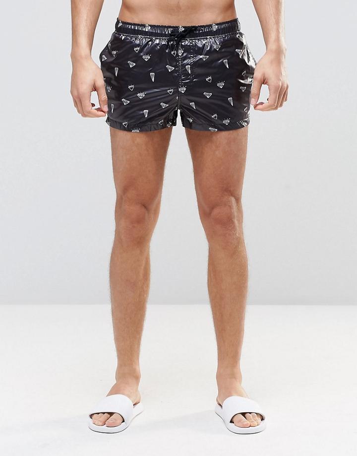 Asos Swim Shorts In Wet Look With Diamond Print In Short Length - Black