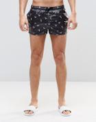 Asos Swim Shorts In Wet Look With Diamond Print In Short Length - Black